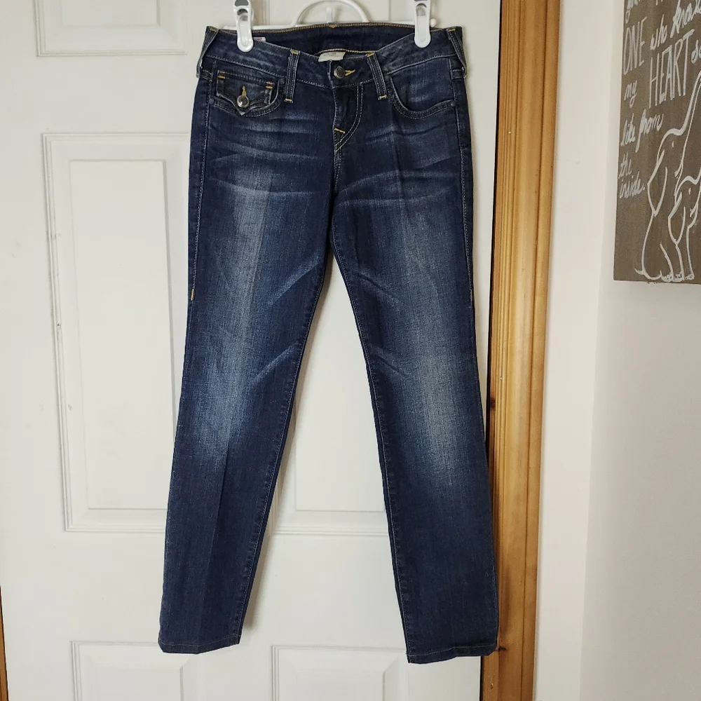 True Religion Women WAKR20Q10 low rise slim straight skinny denim Blue jeans 26 - Picture 2 of 14